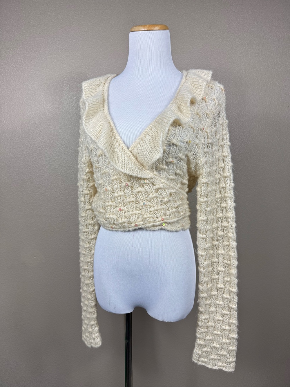 Vintage Y2K April Cornell Crochet Knit Cream Wrap Tie Sweater medium G